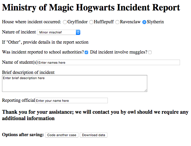 CIVET data entry form generated by the sample template file